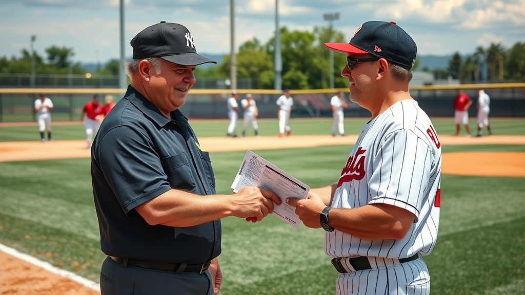 Baseball umpire and coach from tri county umpire group shaking hands at home plate with friendly smiles, with teams in the background warming up on a sunlit field.