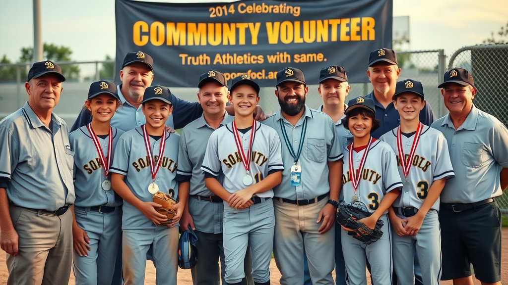 Tri county umpire group volunteers with youth players smiling after a game, group scene with banners celebrating community, medals, and equipment, highlighted by sunny yellows and soft blues.