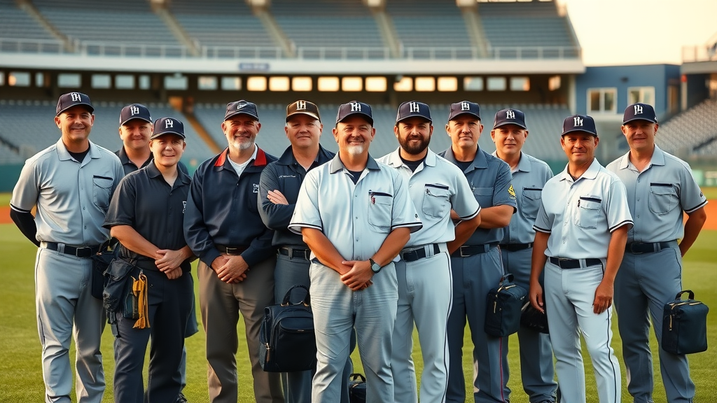 Diverse group of tri county umpire group officials on a sunlit baseball field, wearing different uniforms and holding equipment bags; harmonious navy, white, and soft greens highlight the scene, authentic and community-focused.