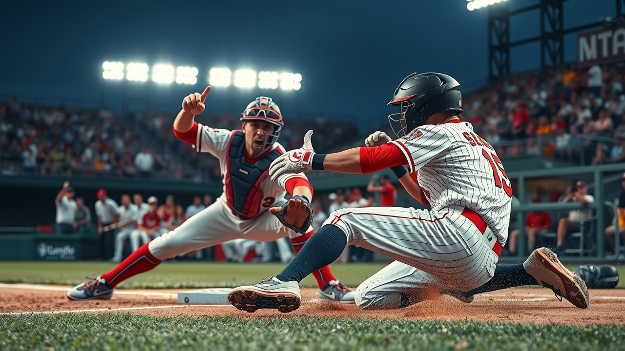 Close play at home plate, tri county umpire group umpire signals 'safe' as runner slides, catcher collides, with dramatic stadium lighting and crowd excitement, high realism and motion detail.