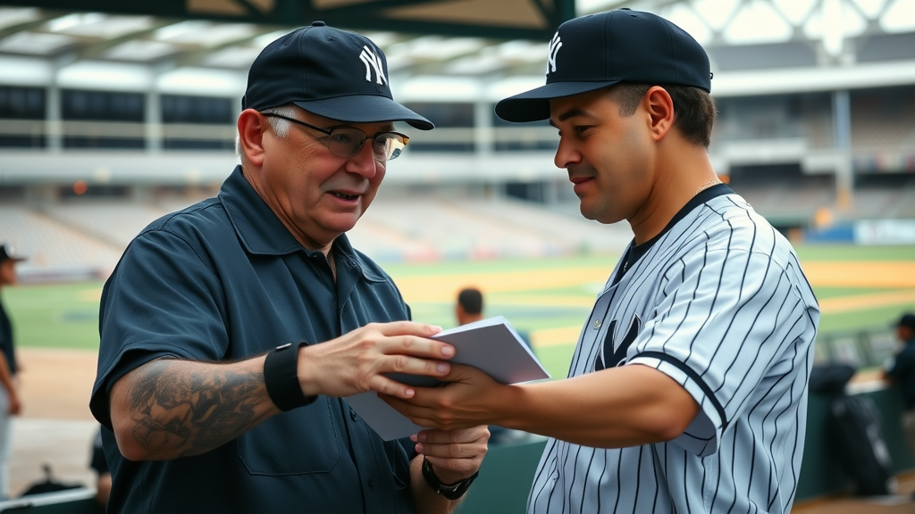 Veteran tri county umpire mentoring a younger umpire in a shaded dugout, pointing to details on a clipboard, photorealistic and community-focused.